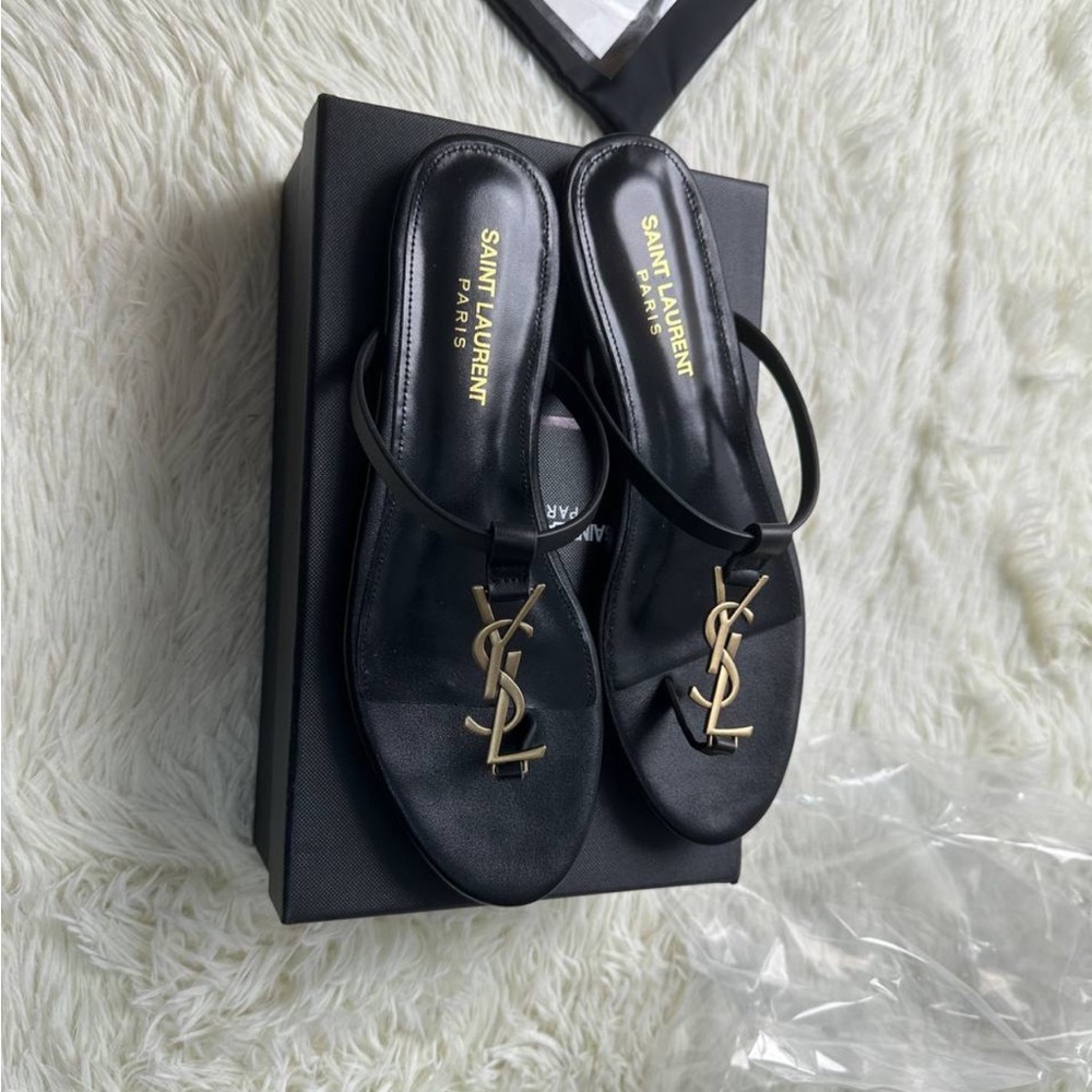 Inspired Saint Laurent Black Sandals with Gold Logo - New never worn